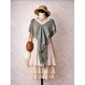 Chloe Boho Knit Fringe Poncho Wrap Women OS Gray Mesh Shawl Capelet V-Neck